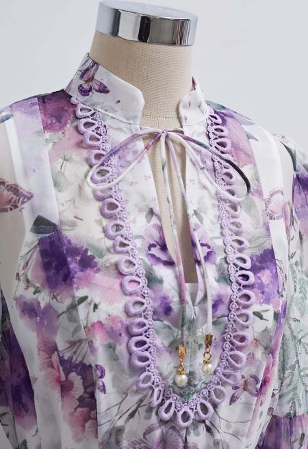 Ivory Pink Rose Garden Floral Printed Belted Maxi Dress with High Neck & Ruffle Detailing