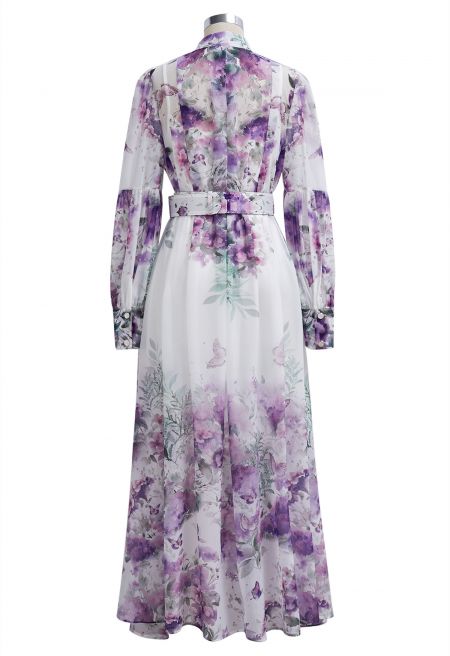 Ivory Pink Rose Garden Floral Printed Belted Maxi Dress with High Neck & Ruffle Detailing