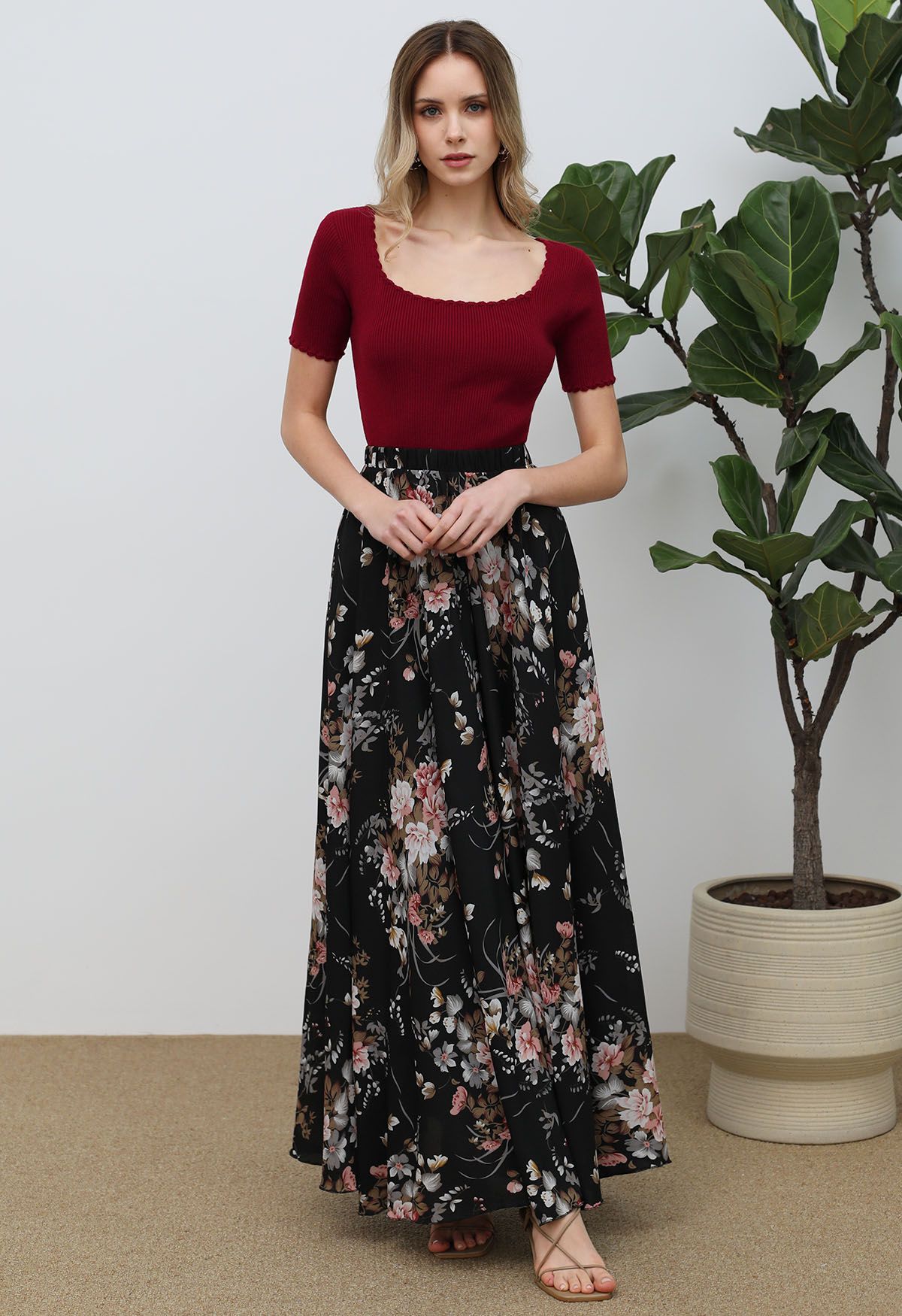 Midnight Bloom Floral Georgette Maxi Skirt for Women Lightweight Airy and Perfectly Flowing for Casual Festive  or Evening Occasions