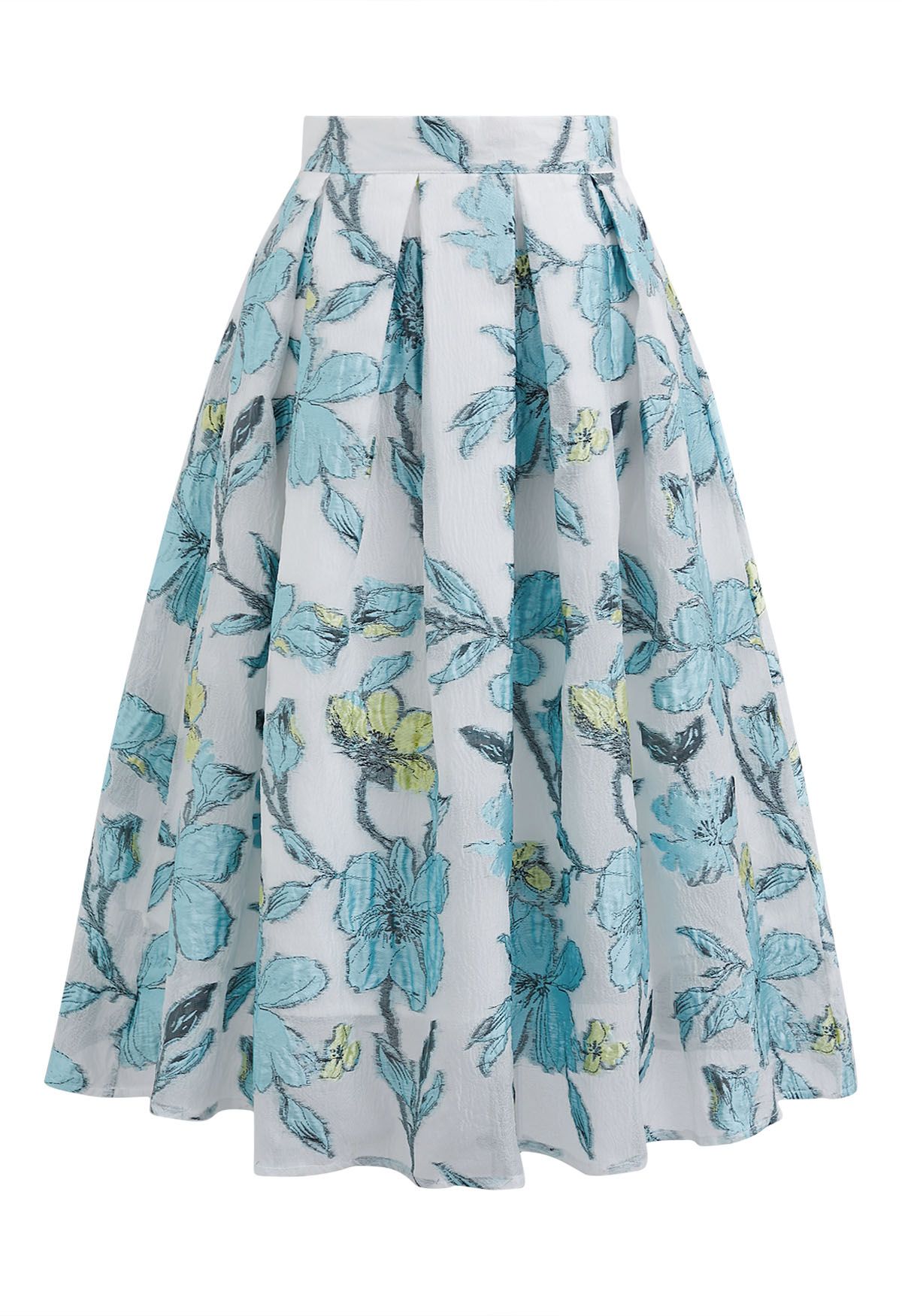 Ivory Aqua Blossom Pleated Midi Skirt with Soft Blue Floral Print & Structured Waist