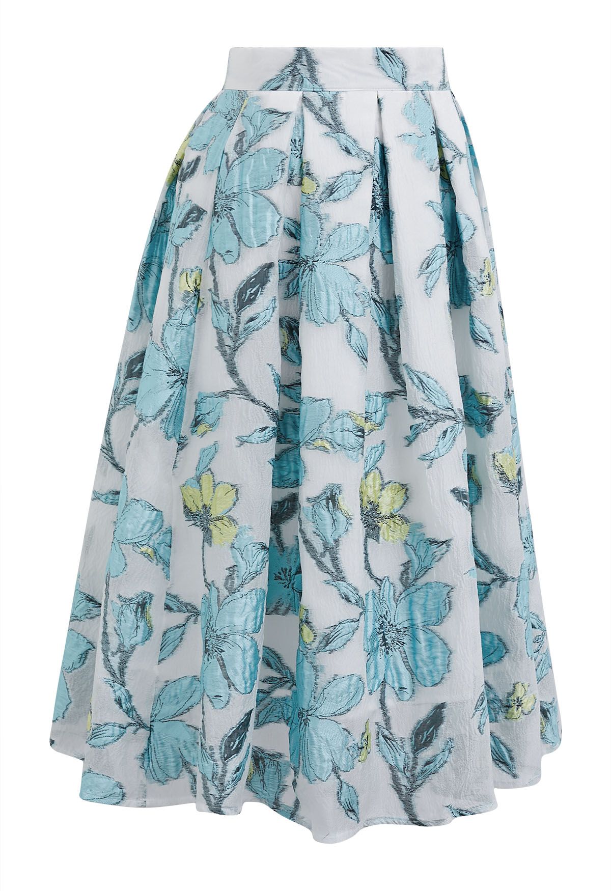 Ivory Aqua Blossom Pleated Midi Skirt with Soft Blue Floral Print & Structured Waist