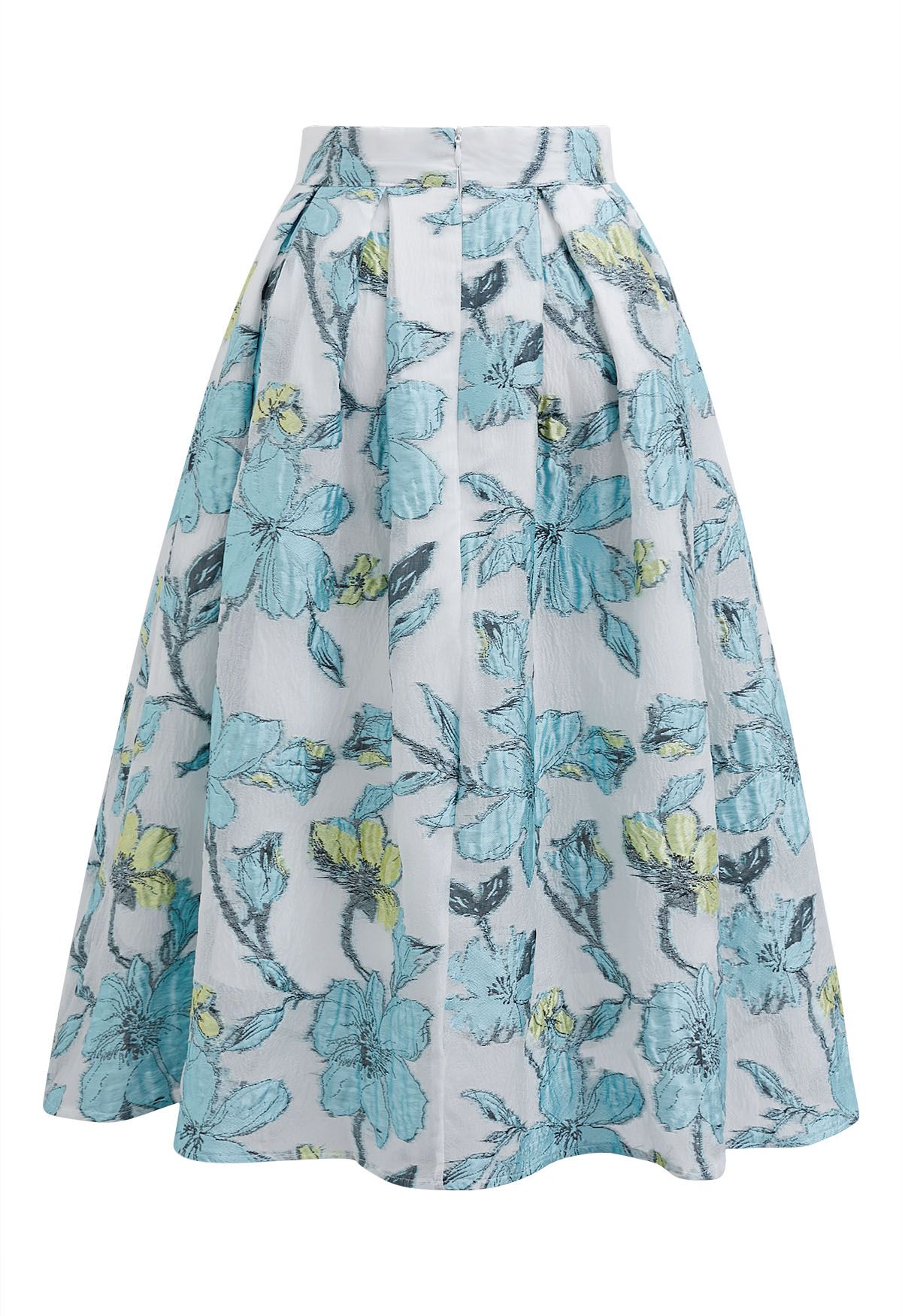 Ivory Aqua Blossom Pleated Midi Skirt with Soft Blue Floral Print & Structured Waist