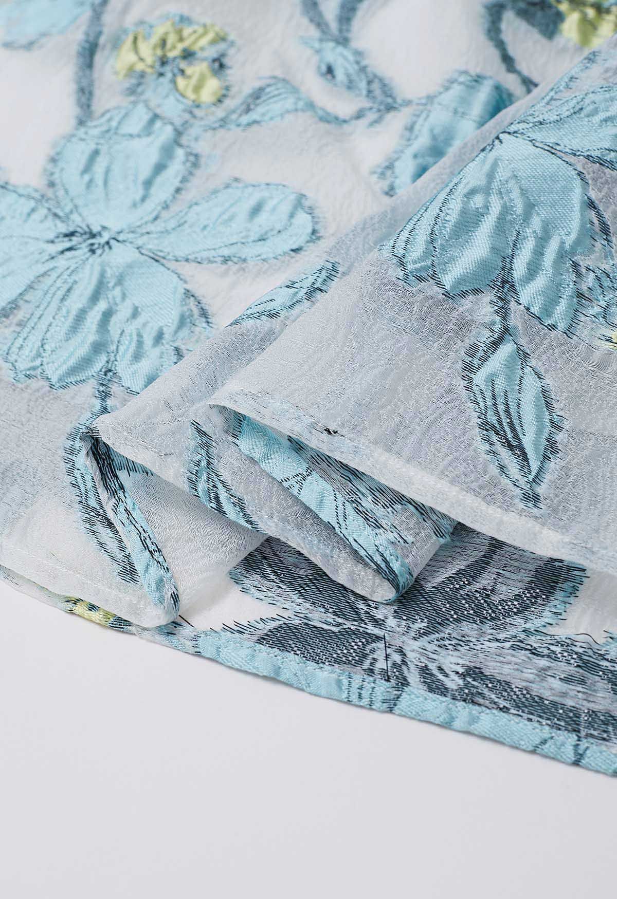 Ivory Aqua Blossom Pleated Midi Skirt with Soft Blue Floral Print & Structured Waist