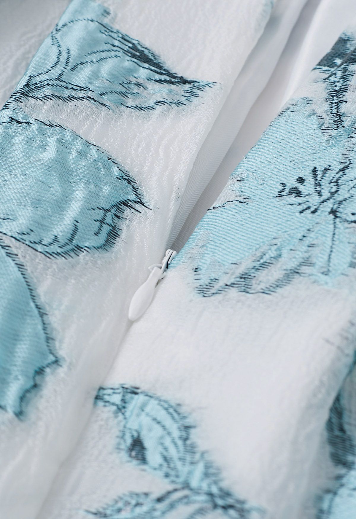 Ivory Aqua Blossom Pleated Midi Skirt with Soft Blue Floral Print & Structured Waist