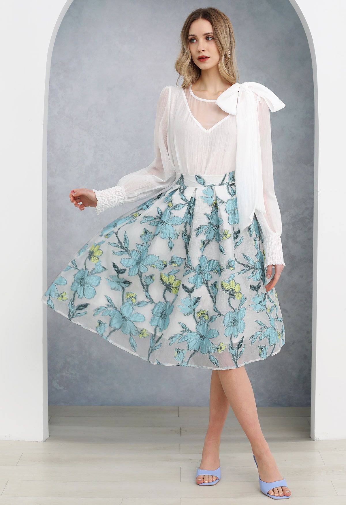 Ivory Aqua Blossom Pleated Midi Skirt with Soft Blue Floral Print & Structured Waist