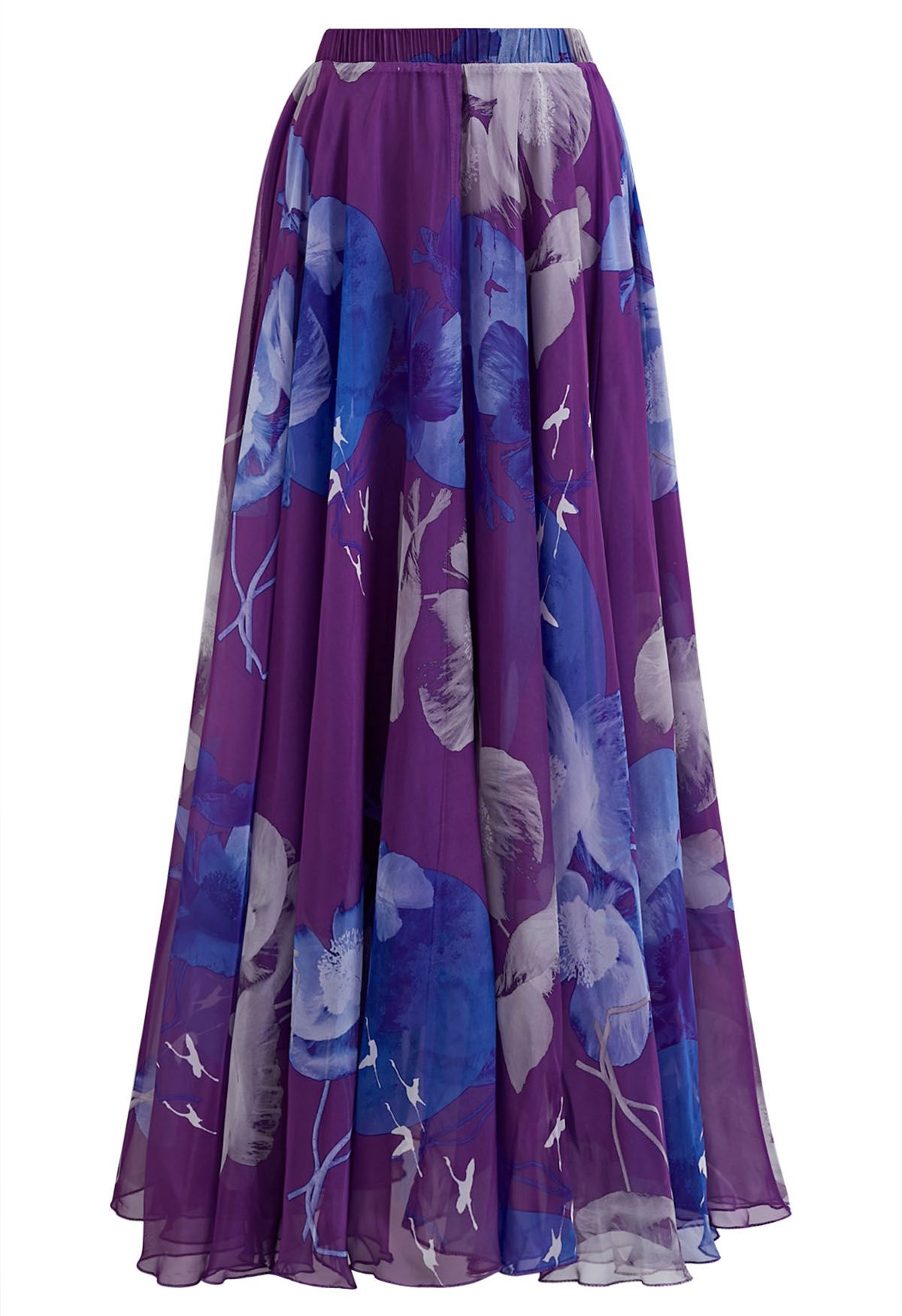 Royal Plum Blue Bloom Floral Print Flared Maxi Skirt