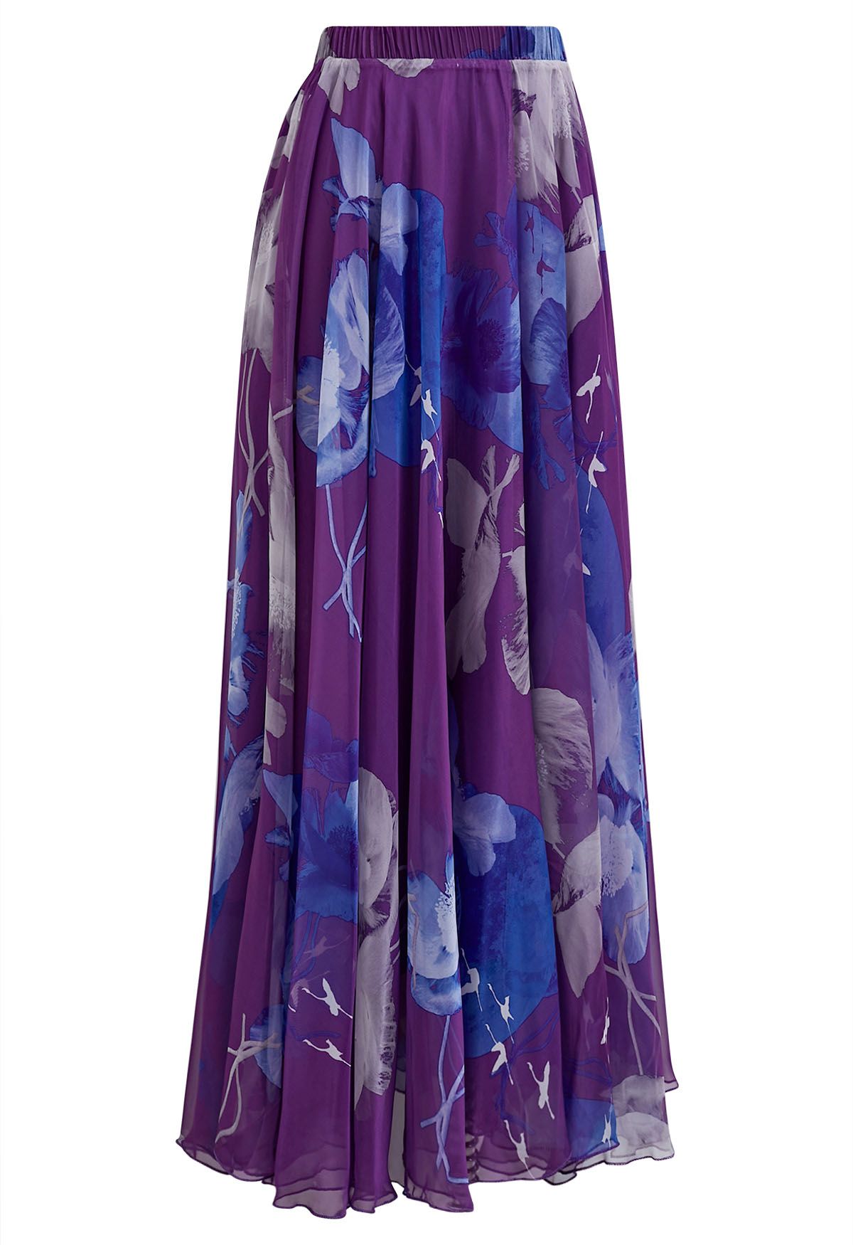 Royal Plum Blue Bloom Floral Print Flared Maxi Skirt