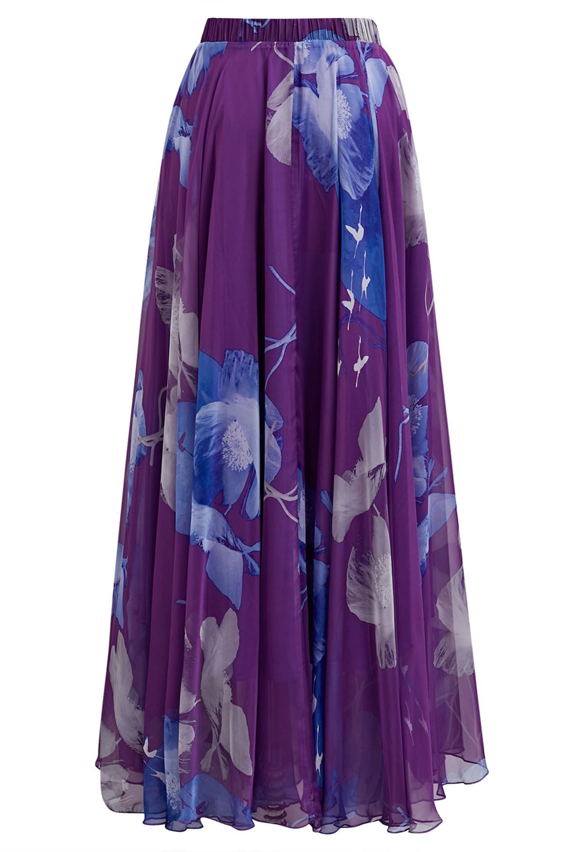 Royal Plum Blue Bloom Floral Print Flared Maxi Skirt
