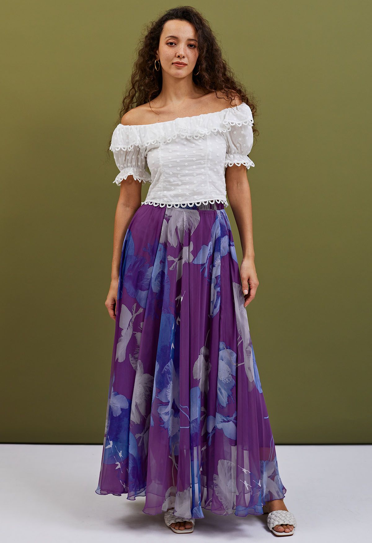 Royal Plum Blue Bloom Floral Print Flared Maxi Skirt