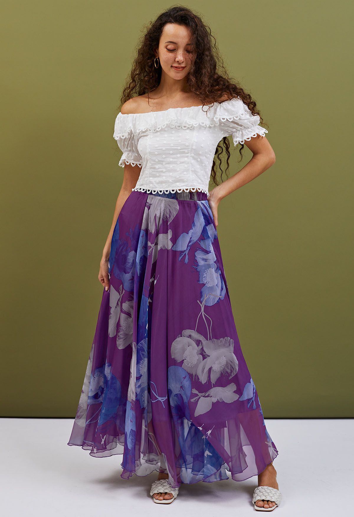 Royal Plum Blue Bloom Floral Print Flared Maxi Skirt