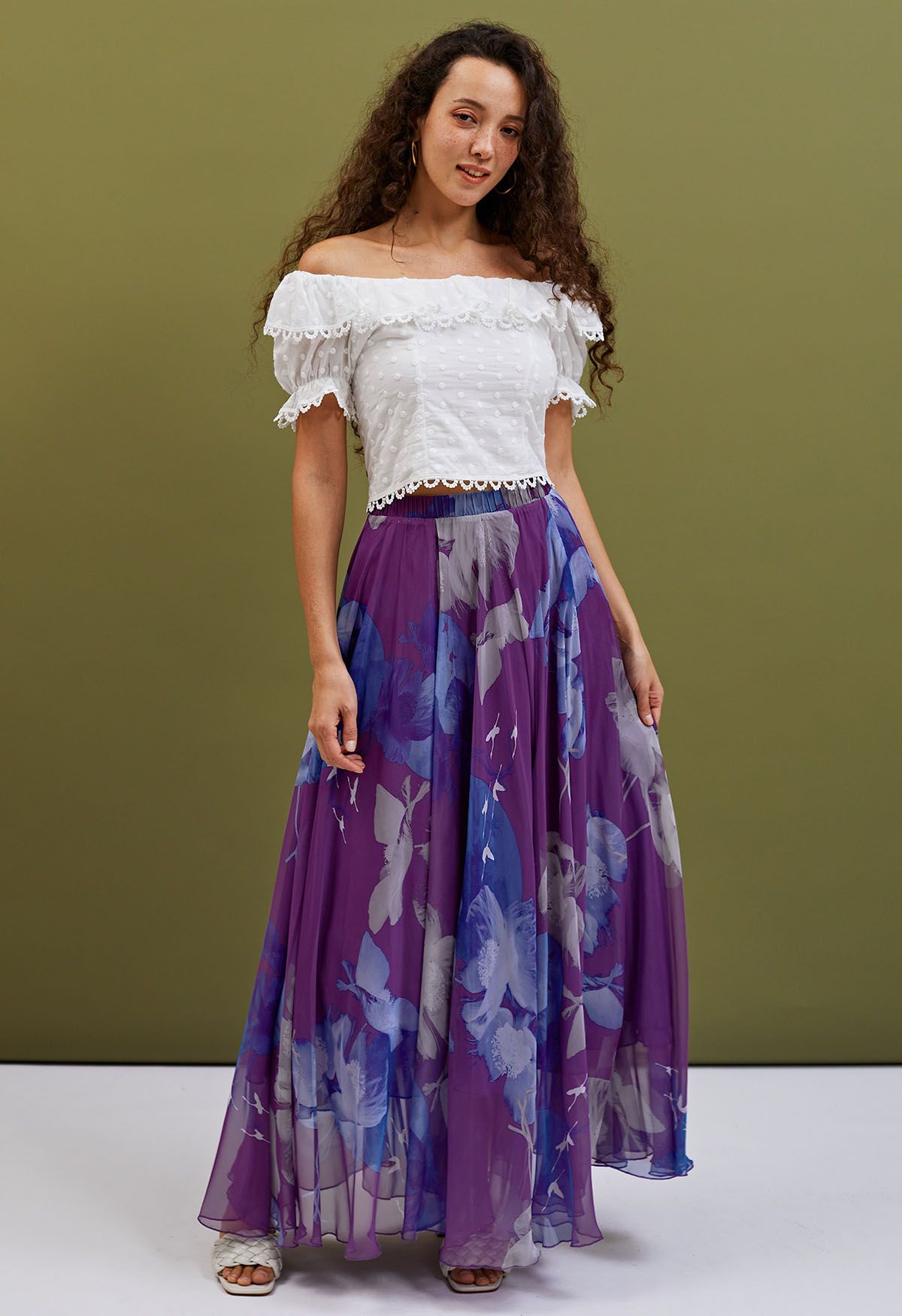 Royal Plum Blue Bloom Floral Print Flared Maxi Skirt