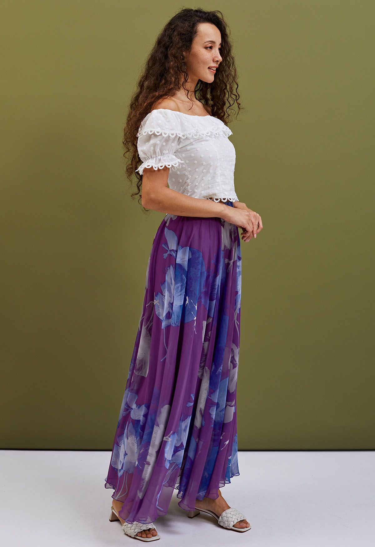 Royal Plum Blue Bloom Floral Print Flared Maxi Skirt