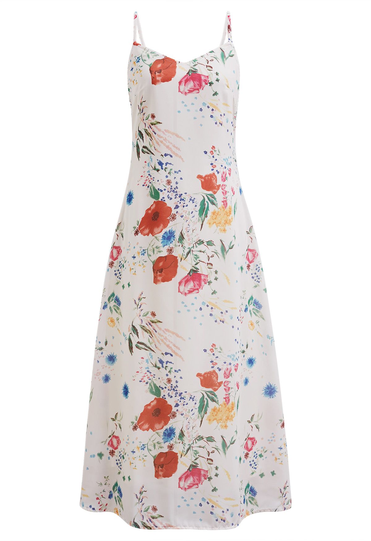 Ivory Rose Bloom Floral Printed Slip Midi Dress Elegant Spaghetti Strap Silhouette with Soft Flowing Fabric for Brunch, Vacation & Evening Wear
