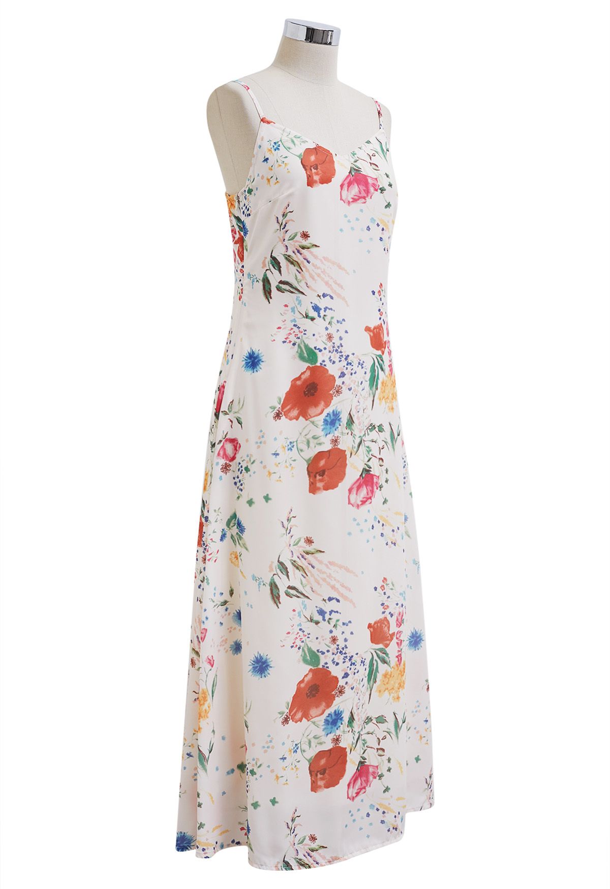 Ivory Rose Bloom Floral Printed Slip Midi Dress Elegant Spaghetti Strap Silhouette with Soft Flowing Fabric for Brunch, Vacation & Evening Wear