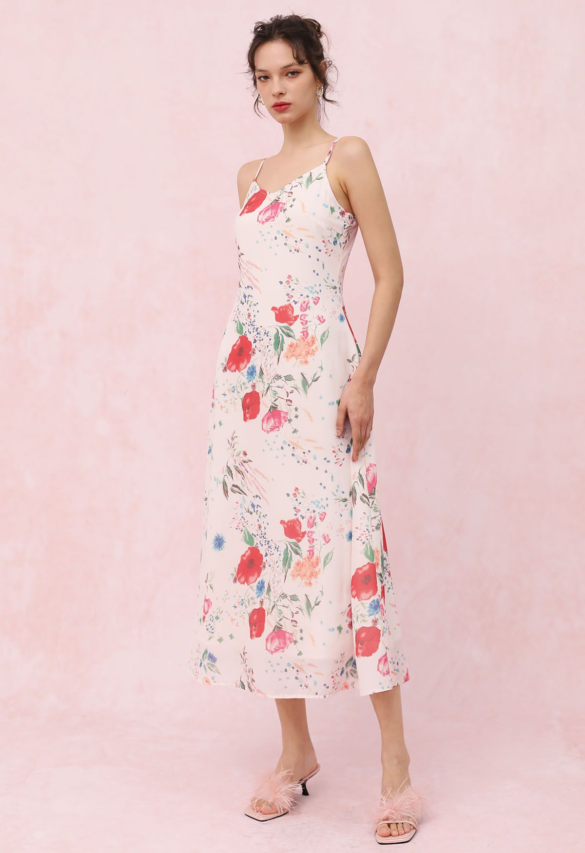 Ivory Rose Bloom Floral Printed Slip Midi Dress Elegant Spaghetti Strap Silhouette with Soft Flowing Fabric for Brunch, Vacation & Evening Wear