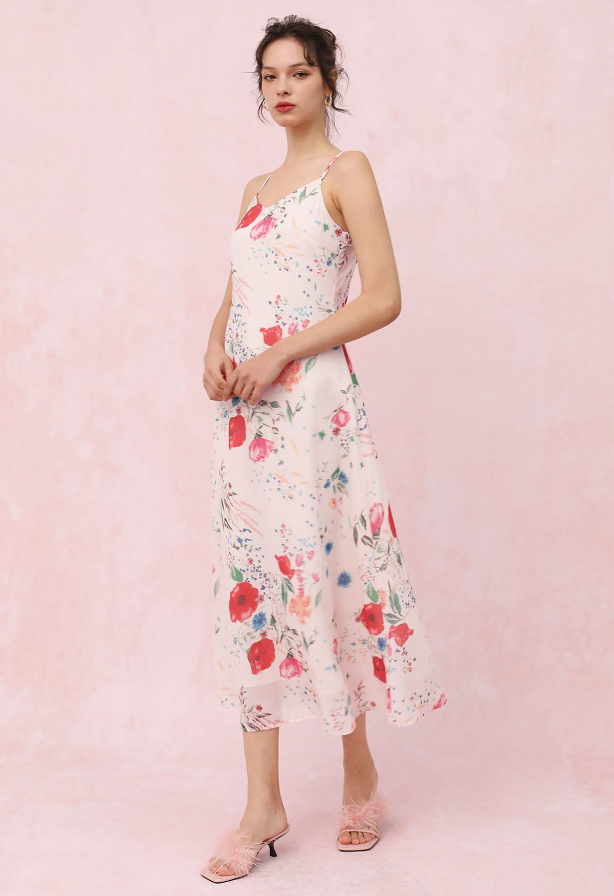 Ivory Rose Bloom Floral Printed Slip Midi Dress Elegant Spaghetti Strap Silhouette with Soft Flowing Fabric for Brunch, Vacation & Evening Wear