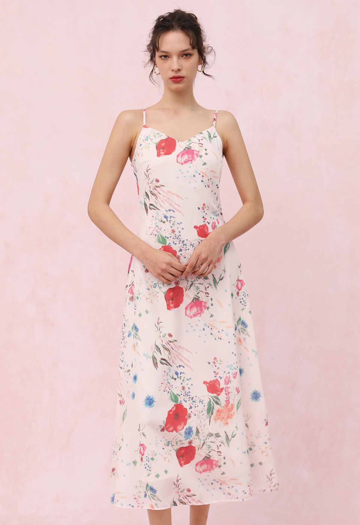 Ivory Rose Bloom Floral Printed Slip Midi Dress Elegant Spaghetti Strap Silhouette with Soft Flowing Fabric for Brunch, Vacation & Evening Wear