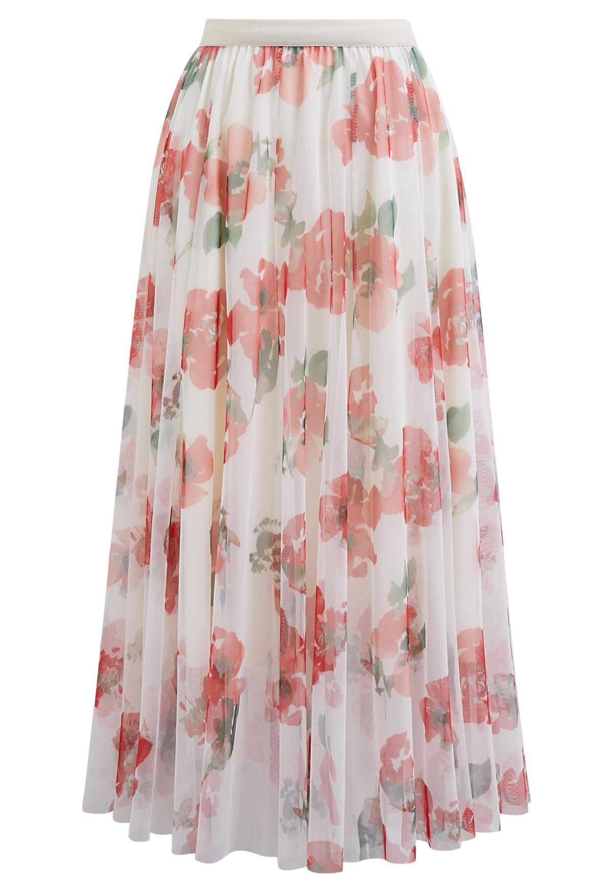 Ivory Blush Garden Pleated Maxi Skirt with Soft Floral Print & Elastic Waistband