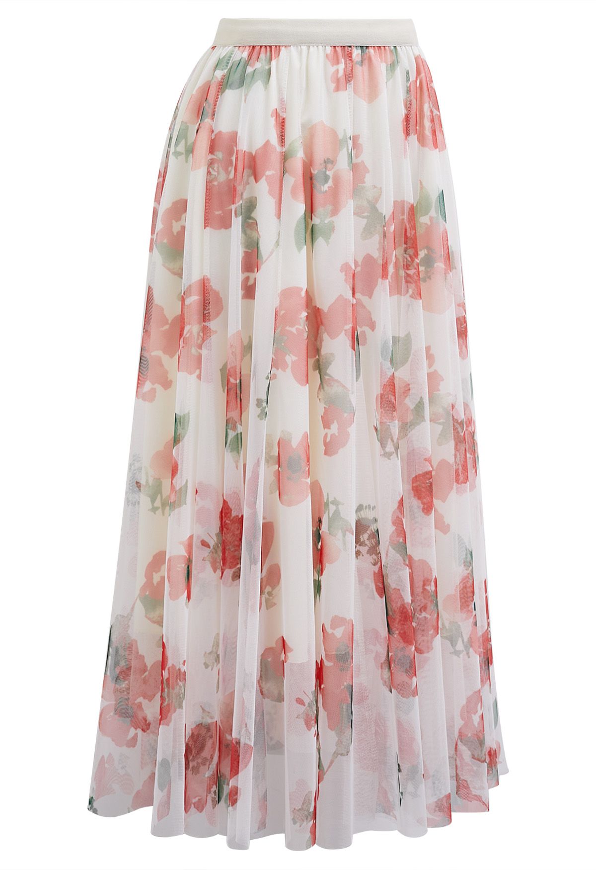 Ivory Blush Garden Pleated Maxi Skirt with Soft Floral Print & Elastic Waistband