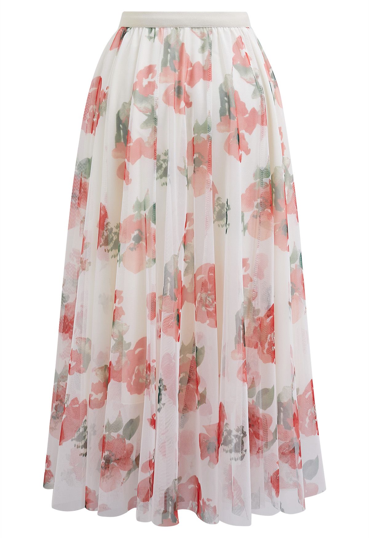 Ivory Blush Garden Pleated Maxi Skirt with Soft Floral Print & Elastic Waistband