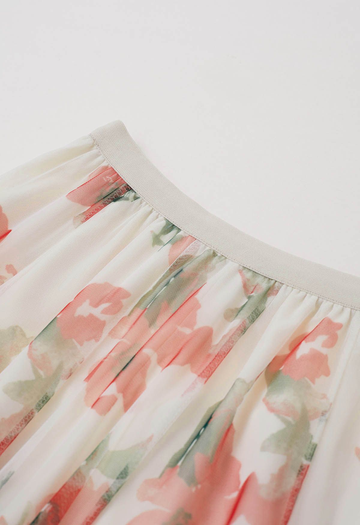 Ivory Blush Garden Pleated Maxi Skirt with Soft Floral Print & Elastic Waistband