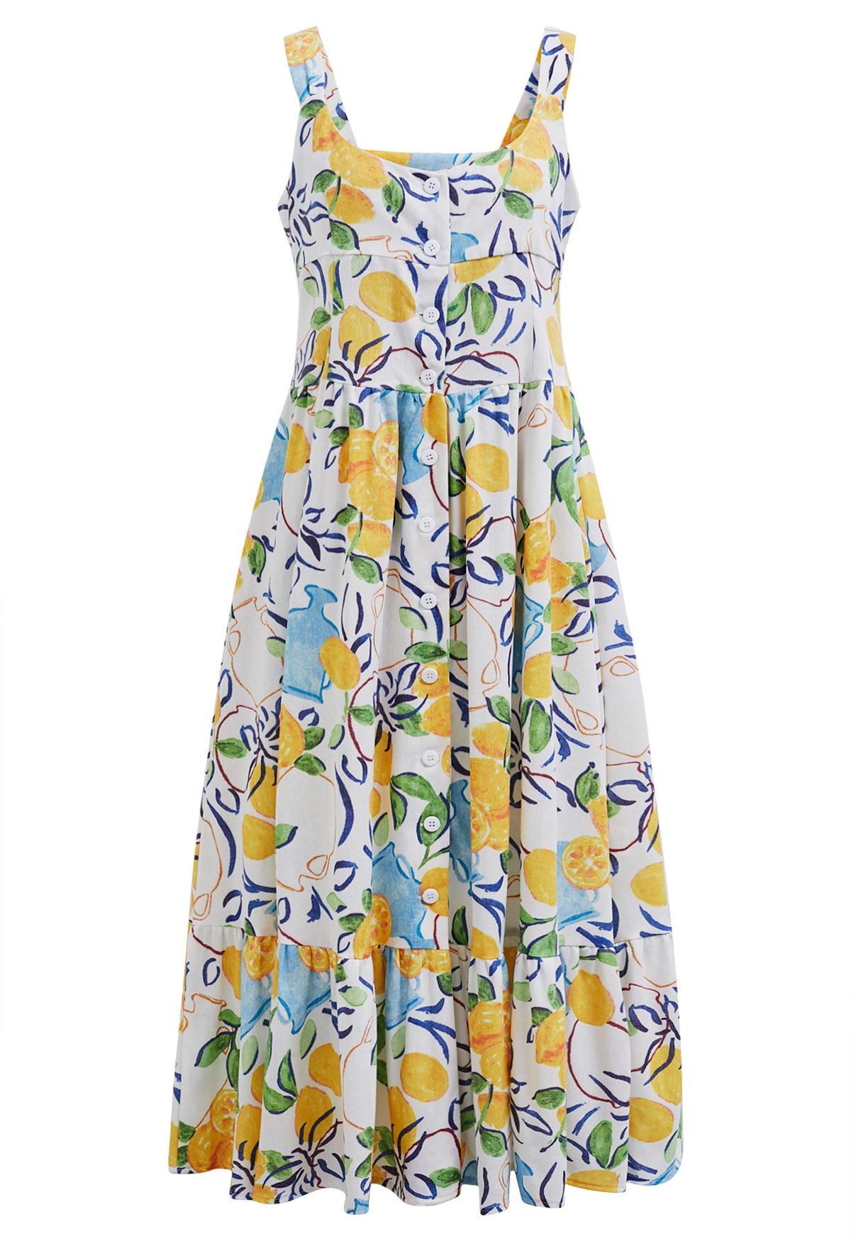 Sunny Citrus Ivory Lemon Printed Midi Dress  Sleeveless Button Down Fit &l Fare Dress with Tiered Hem in Soft Breathable Fabric for Summer Wear