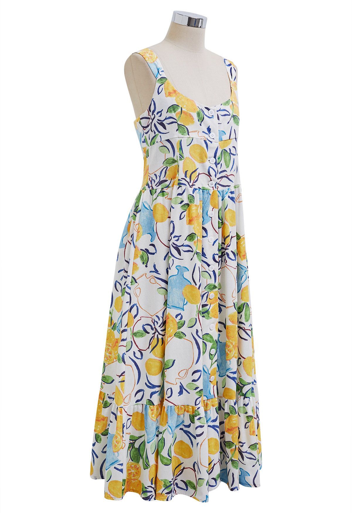 Sunny Citrus Ivory Lemon Printed Midi Dress  Sleeveless Button Down Fit &l Fare Dress with Tiered Hem in Soft Breathable Fabric for Summer Wear