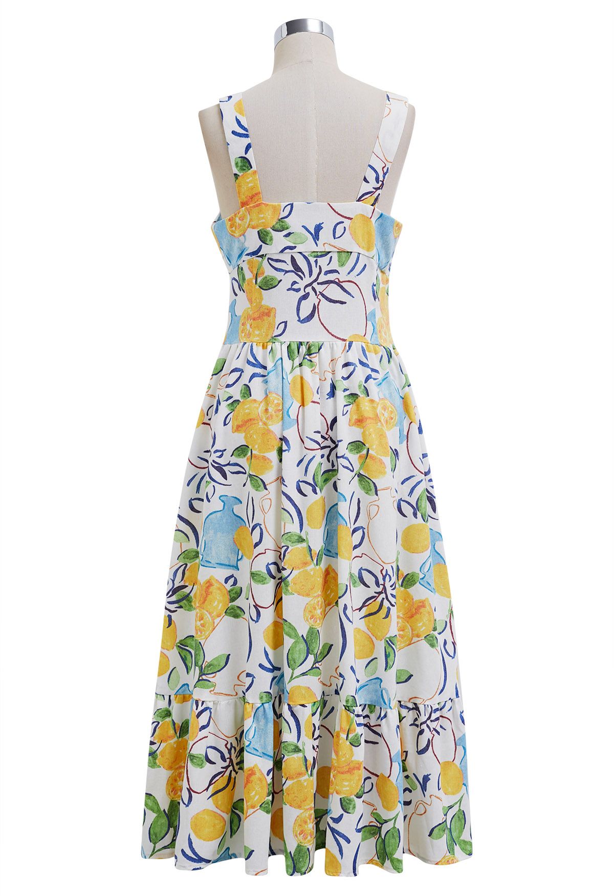Sunny Citrus Ivory Lemon Printed Midi Dress  Sleeveless Button Down Fit &l Fare Dress with Tiered Hem in Soft Breathable Fabric for Summer Wear