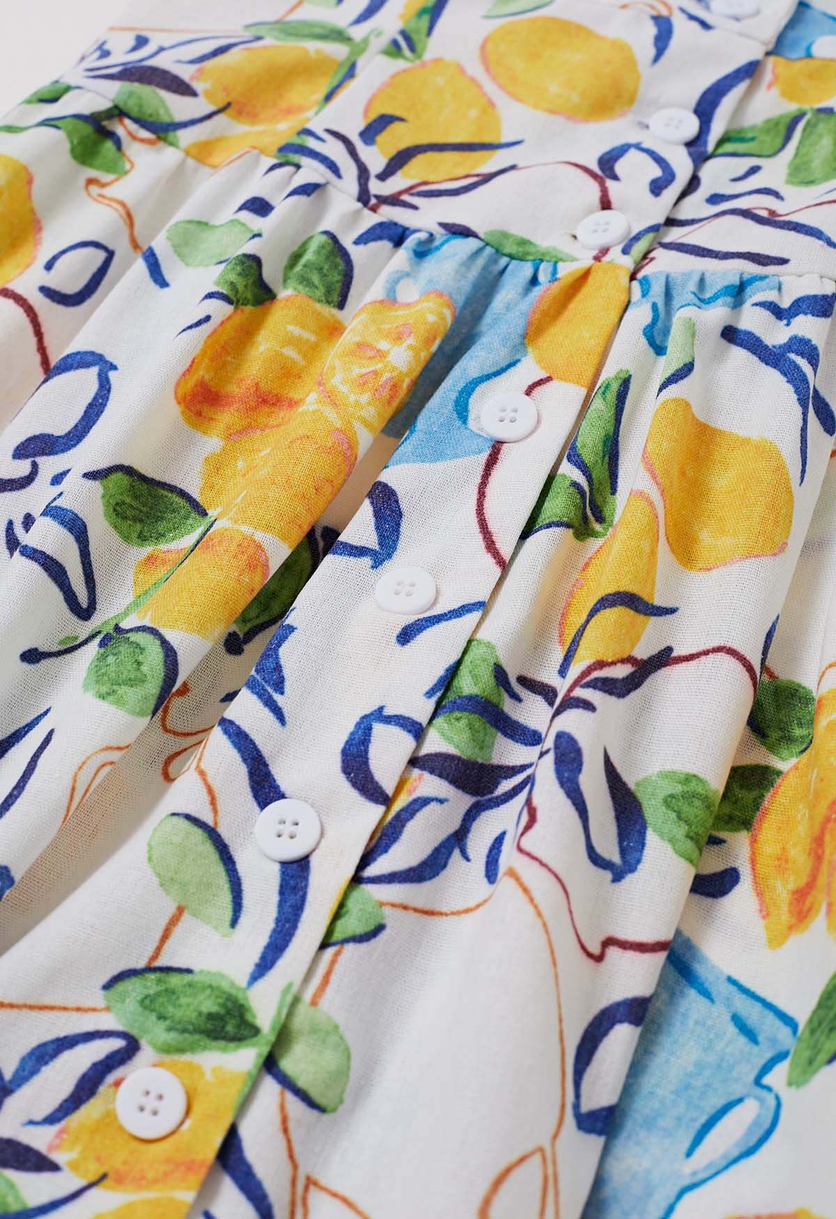 Sunny Citrus Ivory Lemon Printed Midi Dress  Sleeveless Button Down Fit &l Fare Dress with Tiered Hem in Soft Breathable Fabric for Summer Wear