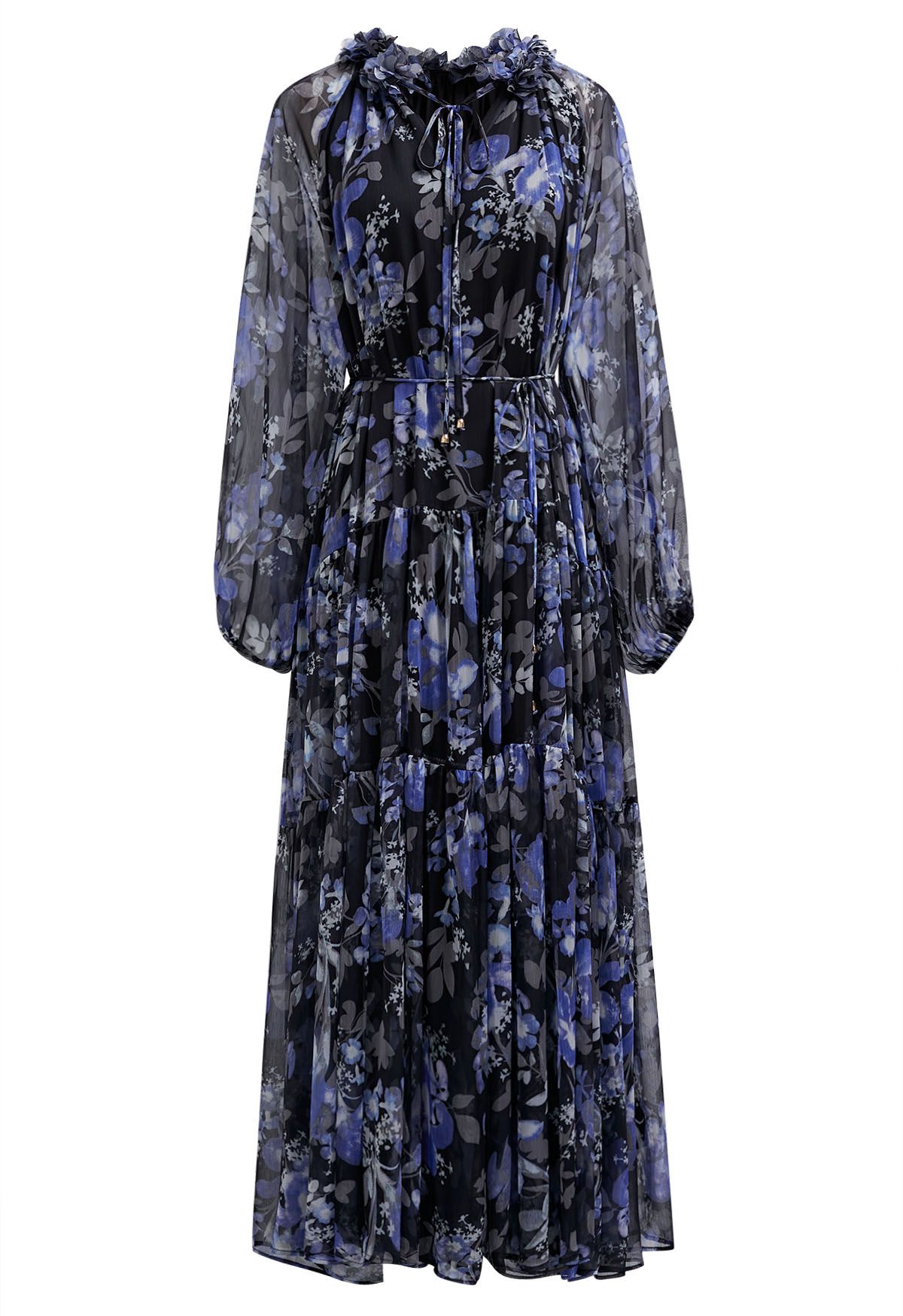 The Midnight Azure Bloom Ruffle full sleeve Maxi Dress