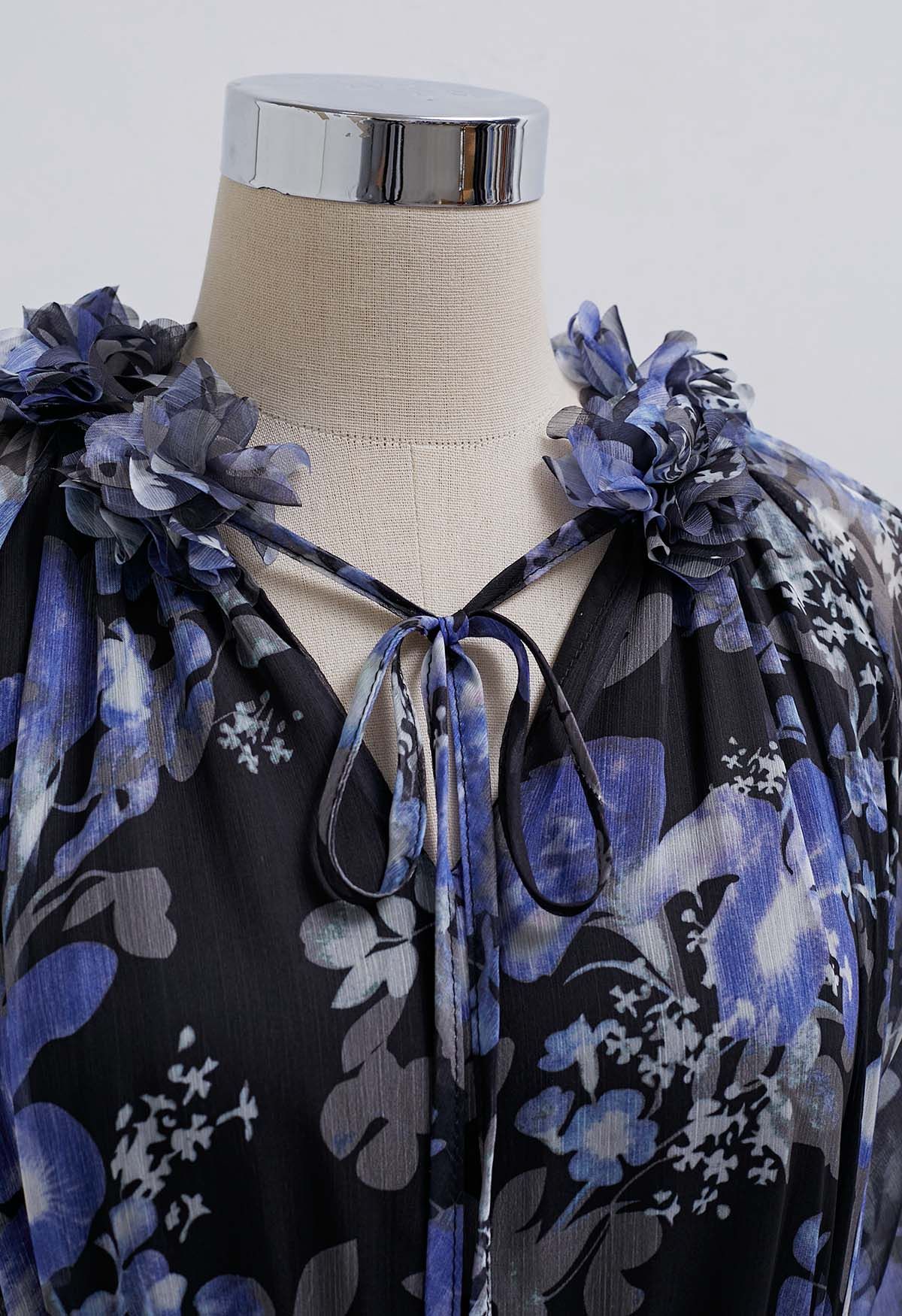 The Midnight Azure Bloom Ruffle full sleeve Maxi Dress