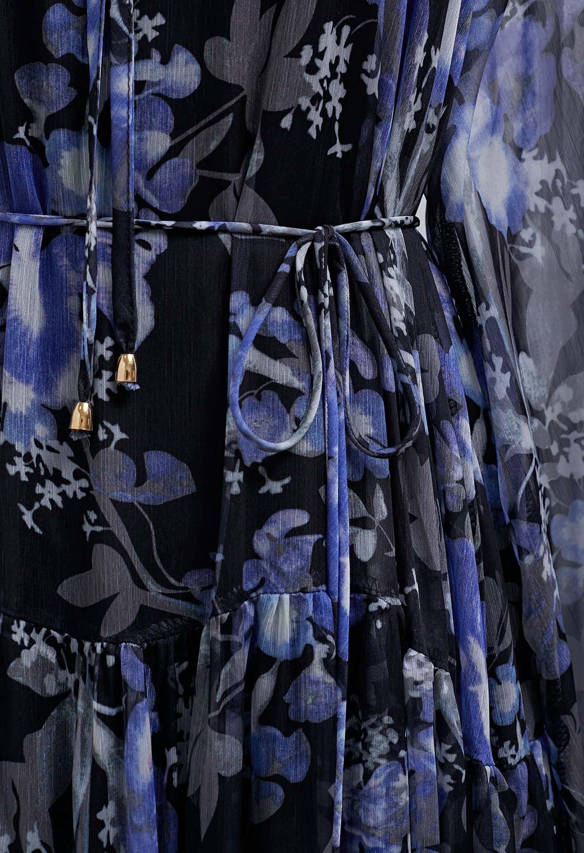 The Midnight Azure Bloom Ruffle full sleeve Maxi Dress