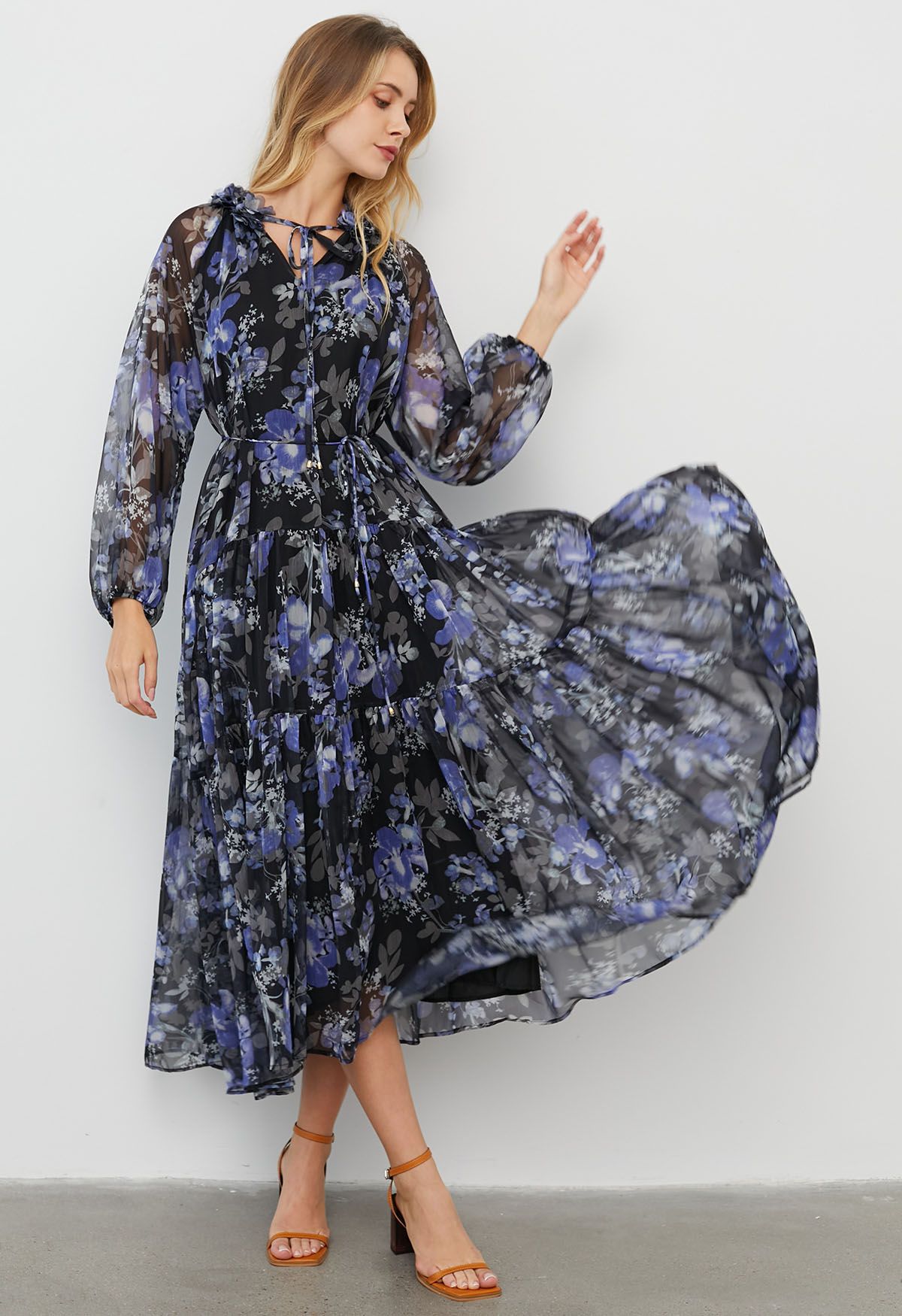 The Midnight Azure Bloom Ruffle full sleeve Maxi Dress