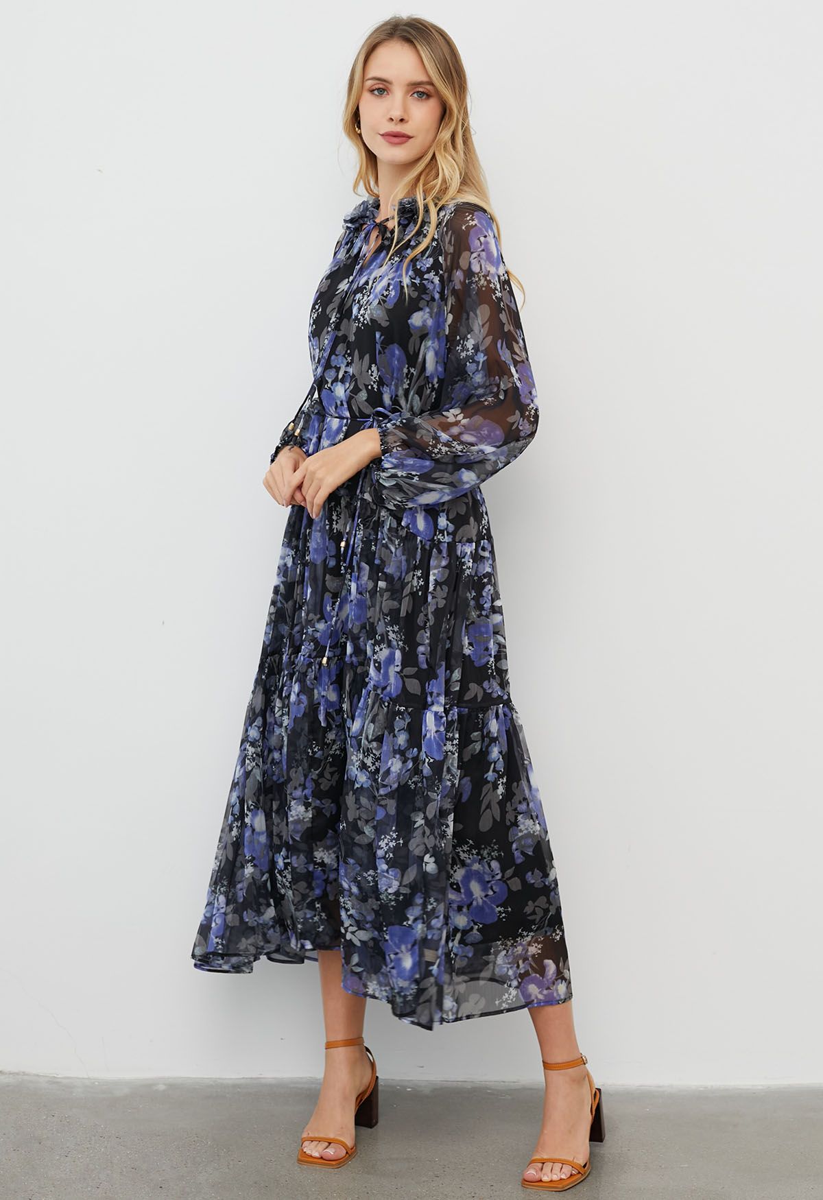 The Midnight Azure Bloom Ruffle full sleeve Maxi Dress