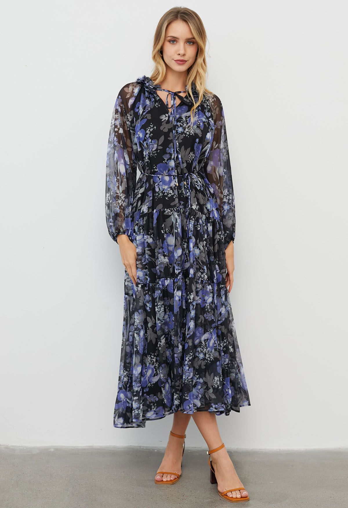 The Midnight Azure Bloom Ruffle full sleeve Maxi Dress