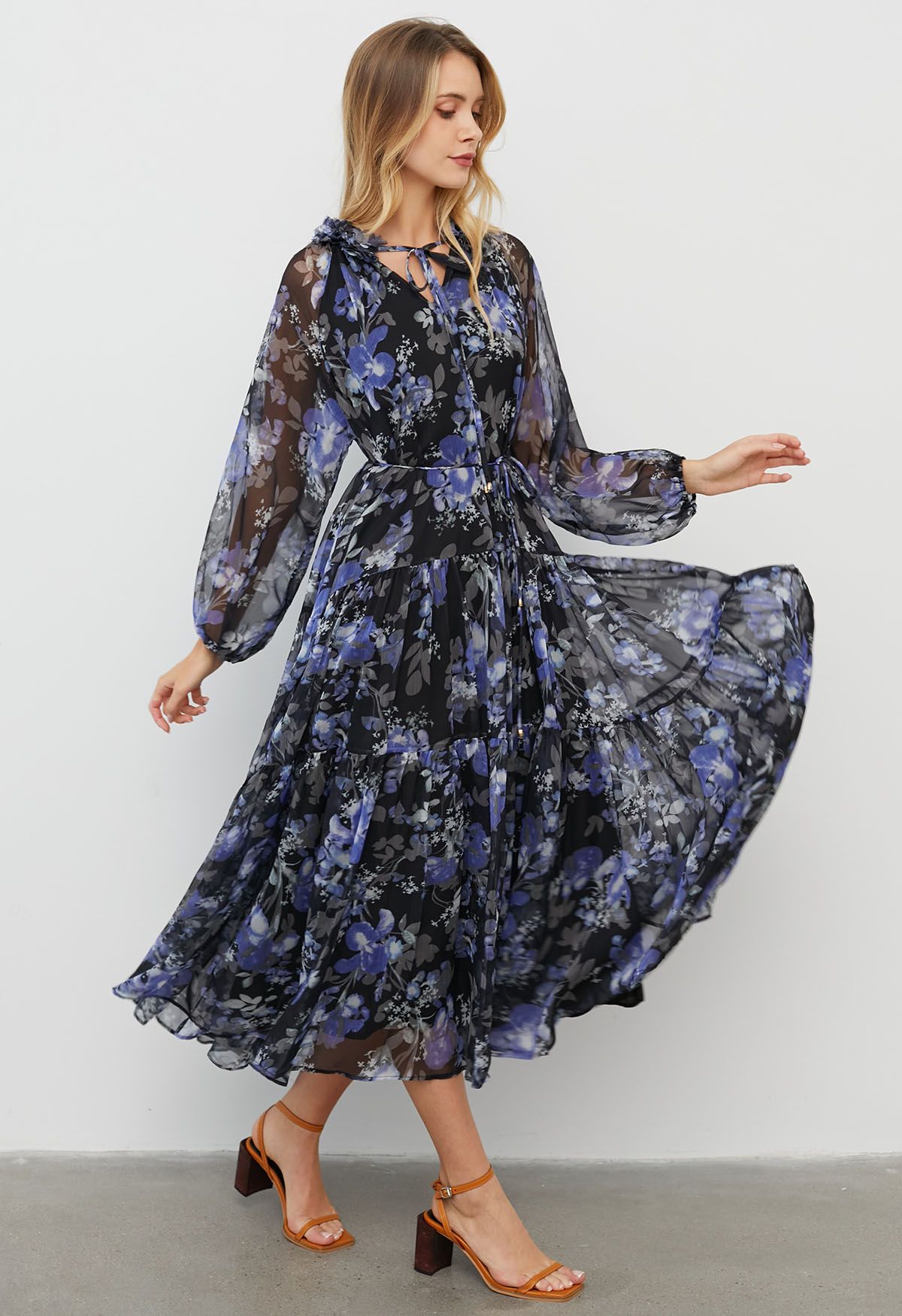The Midnight Azure Bloom Ruffle full sleeve Maxi Dress