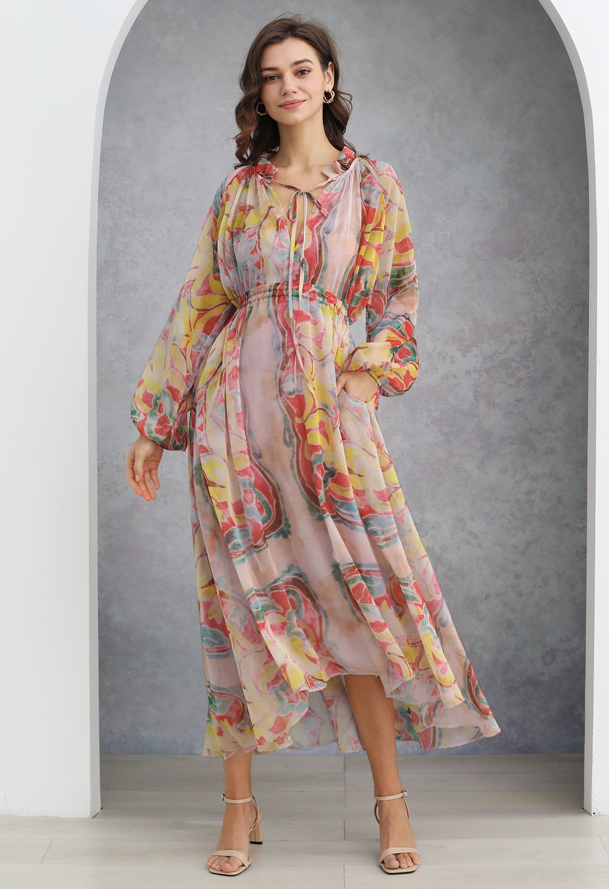 Pastel Multicolor Abstract Printed Chiffon Midi Dress with Tie Up Neckline Elasticated Waist & Full Sleeves Elegant Flowy Dress