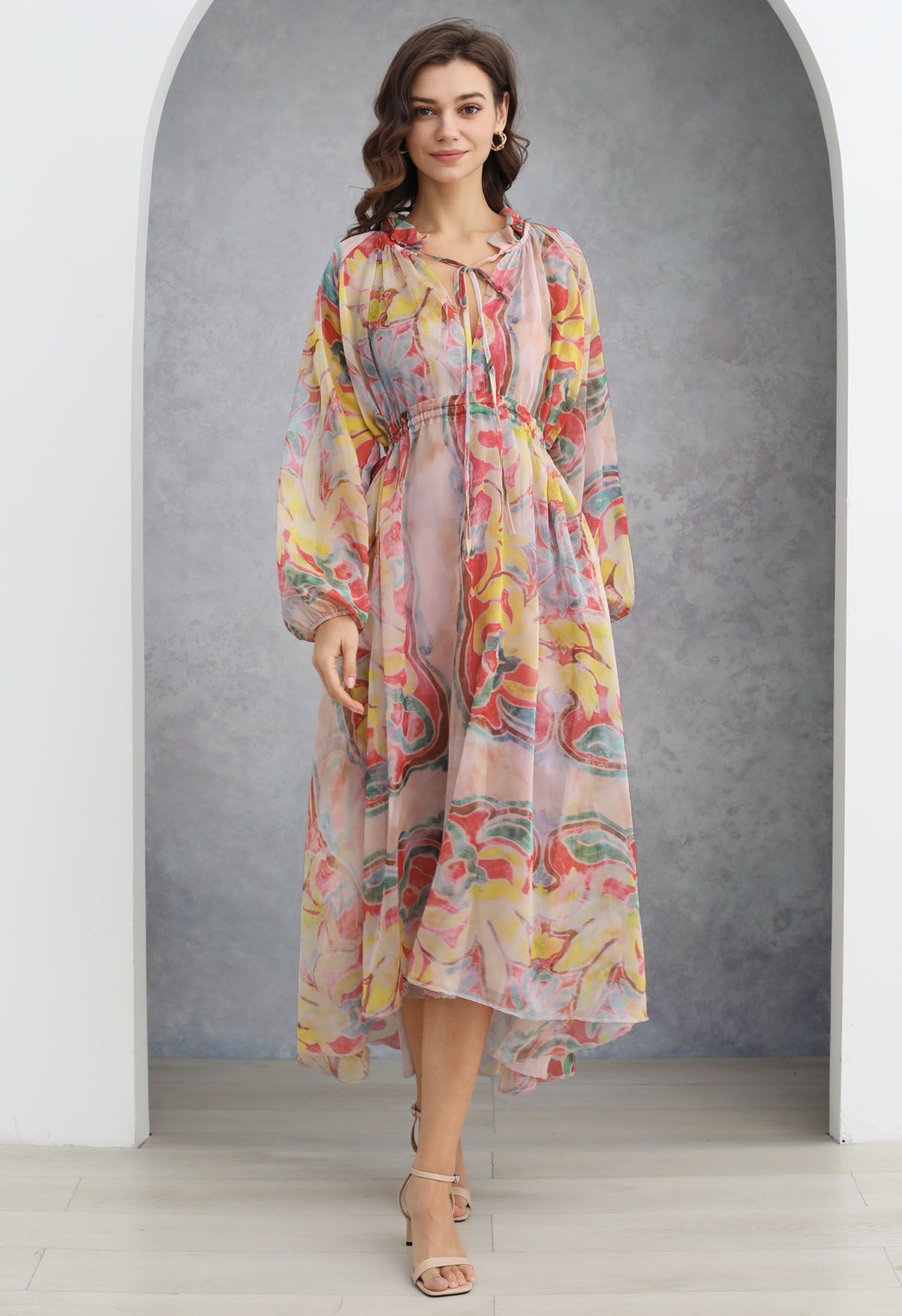 Pastel Multicolor Abstract Printed Chiffon Midi Dress with Tie Up Neckline Elasticated Waist & Full Sleeves Elegant Flowy Dress
