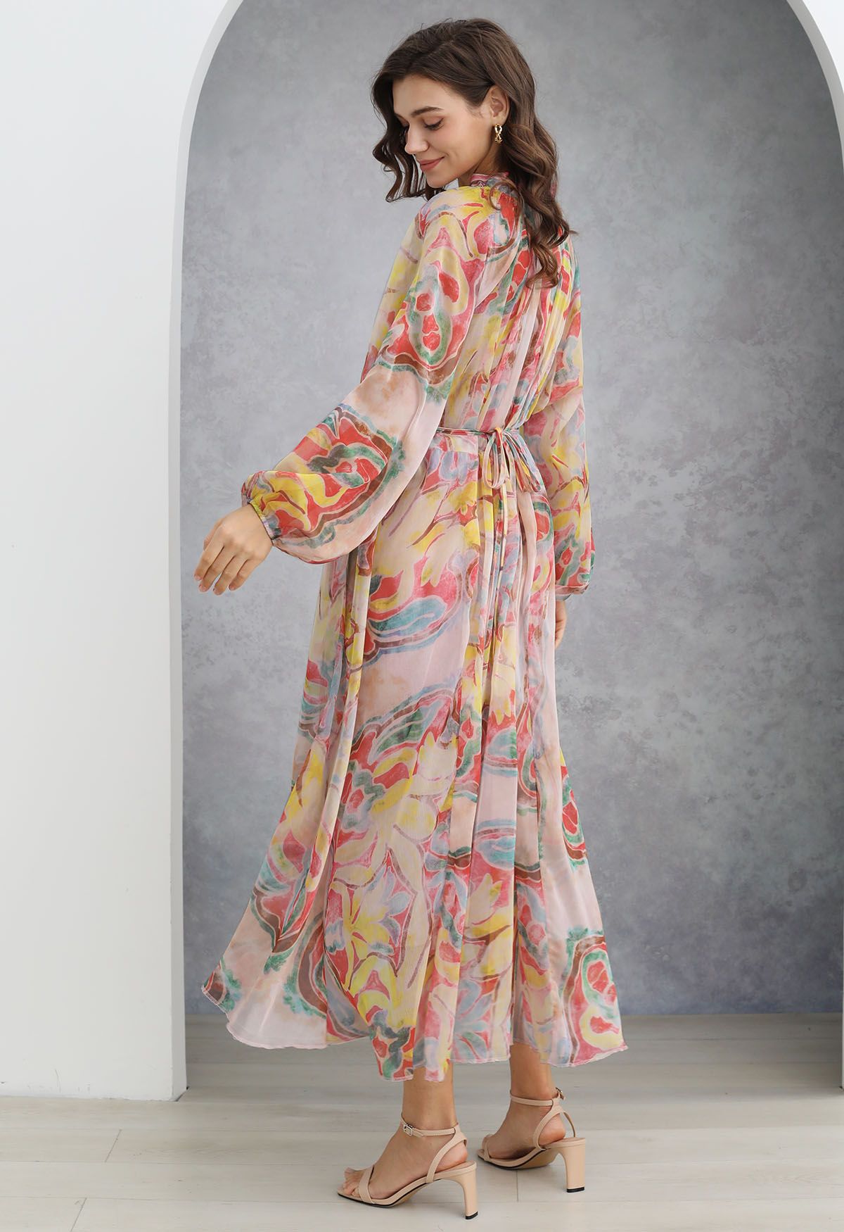 Pastel Multicolor Abstract Printed Chiffon Midi Dress with Tie Up Neckline Elasticated Waist & Full Sleeves Elegant Flowy Dress