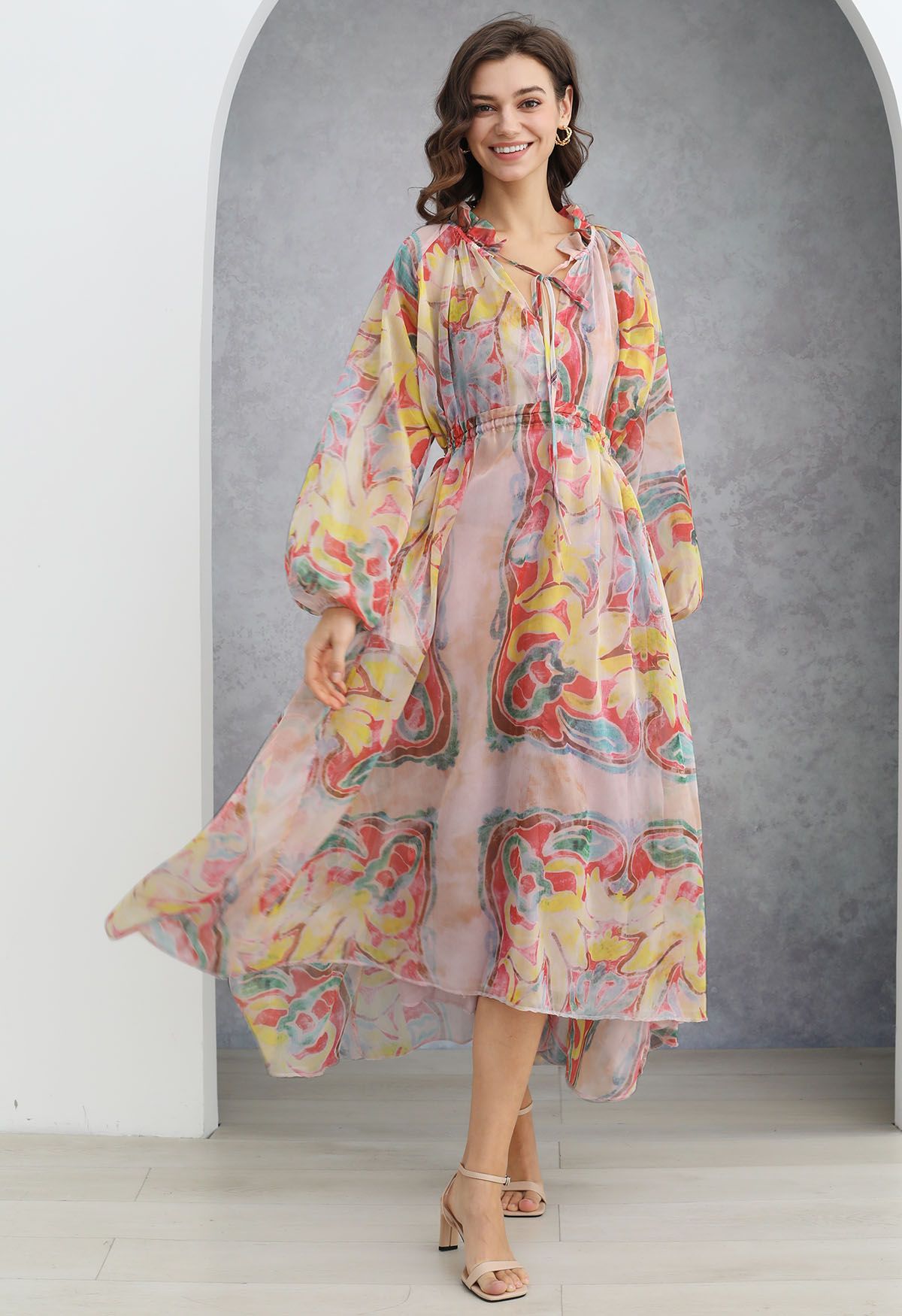 Pastel Multicolor Abstract Printed Chiffon Midi Dress with Tie Up Neckline Elasticated Waist & Full Sleeves Elegant Flowy Dress