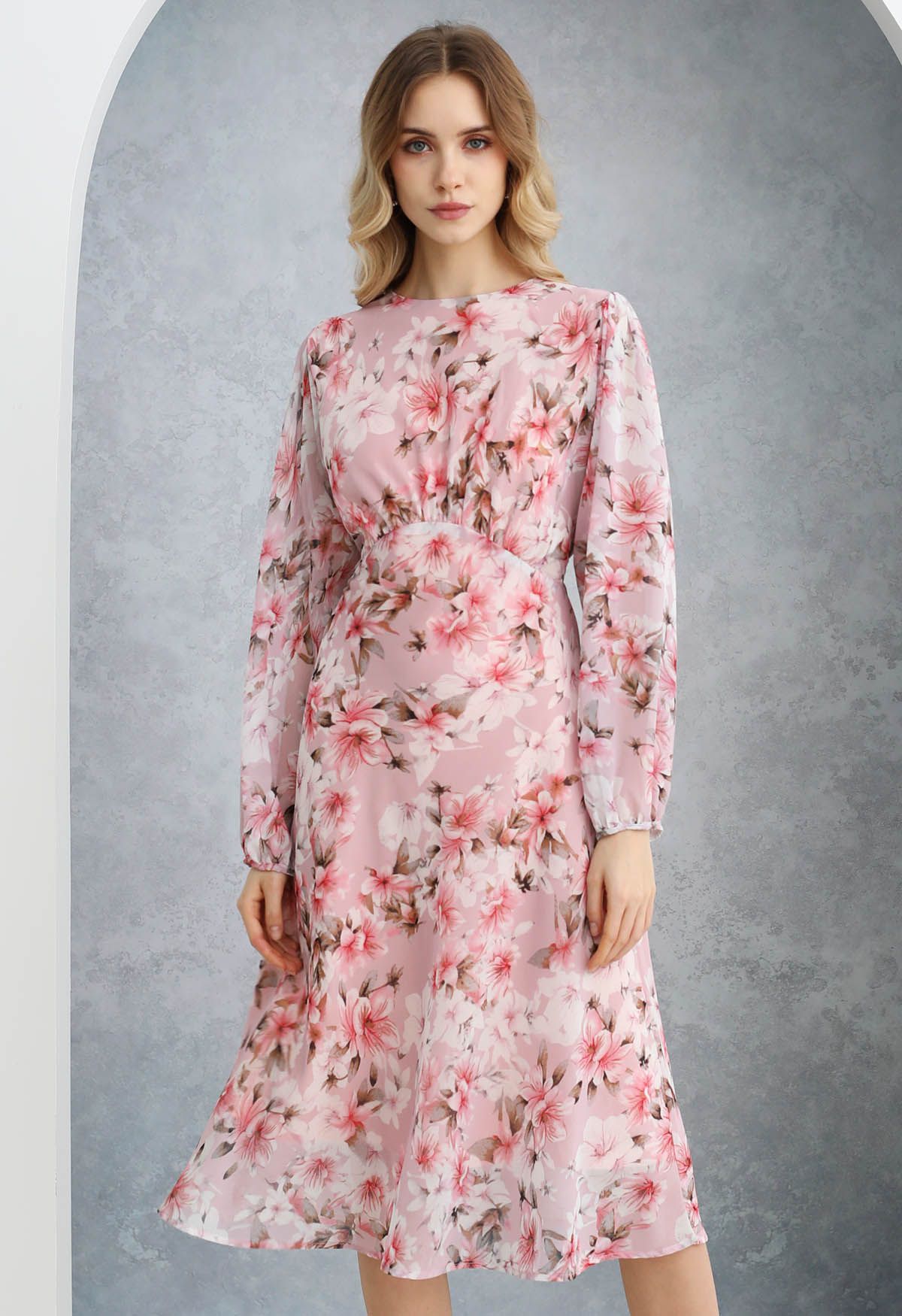 Blush Petal Pink Floral Printed Midi Dress Elegant Long Sleeve Fit & Flare Silhouette with Soft Flowing Fabric for Day & Evening Wear