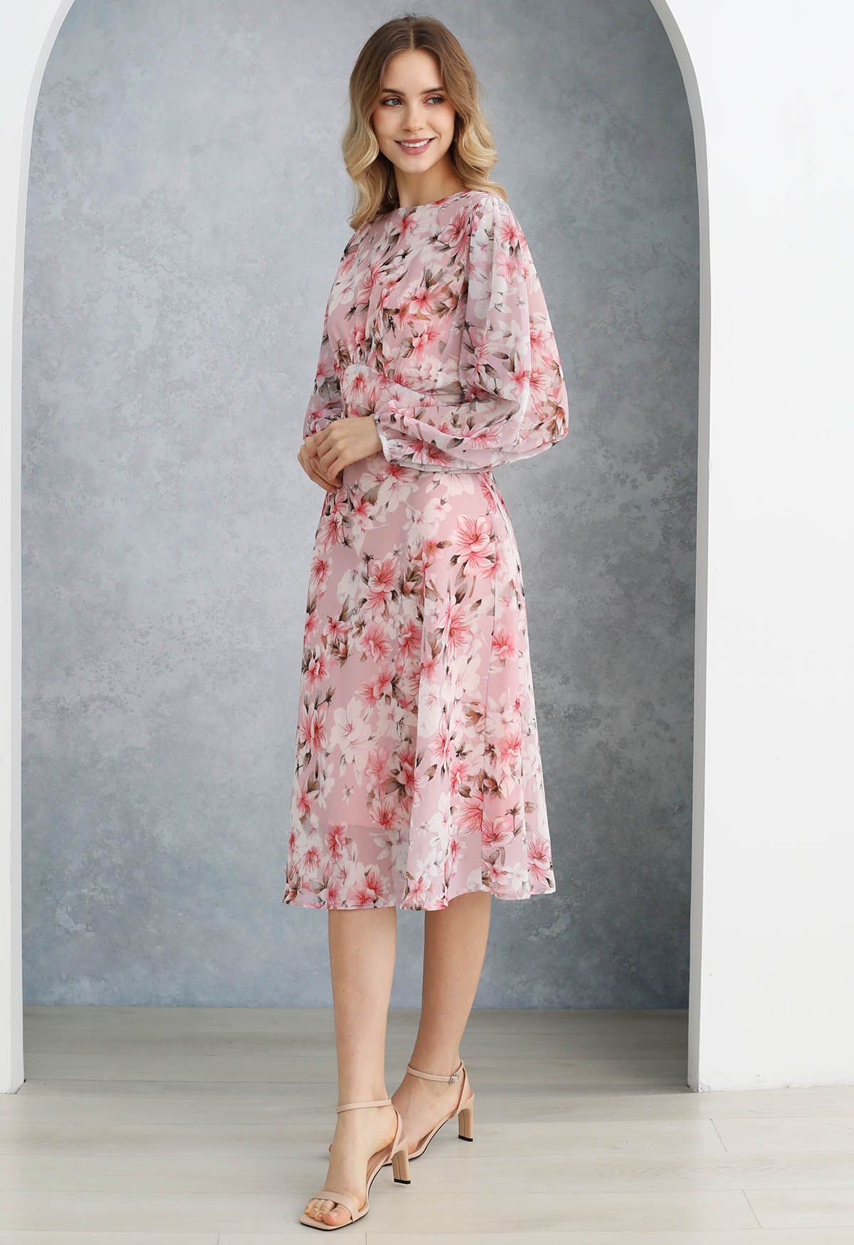 Blush Petal Pink Floral Printed Midi Dress Elegant Long Sleeve Fit & Flare Silhouette with Soft Flowing Fabric for Day & Evening Wear