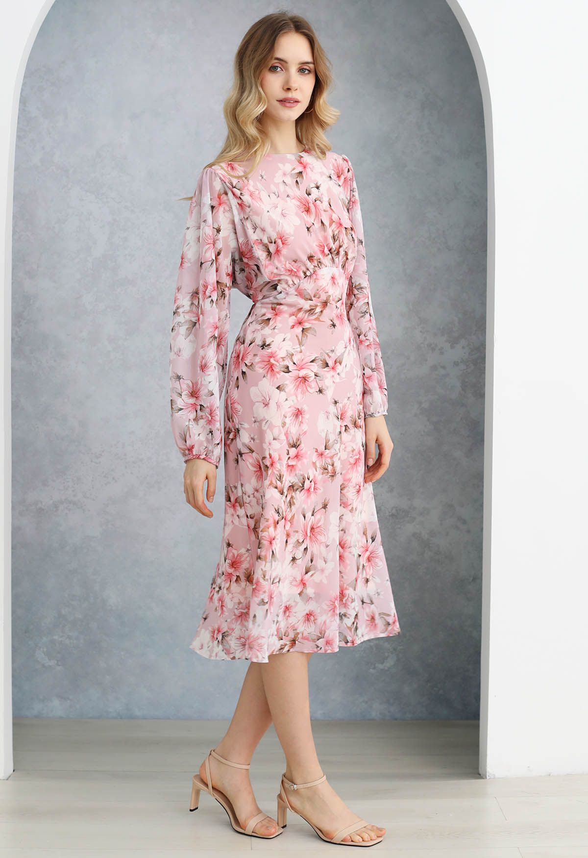 Blush Petal Pink Floral Printed Midi Dress Elegant Long Sleeve Fit & Flare Silhouette with Soft Flowing Fabric for Day & Evening Wear