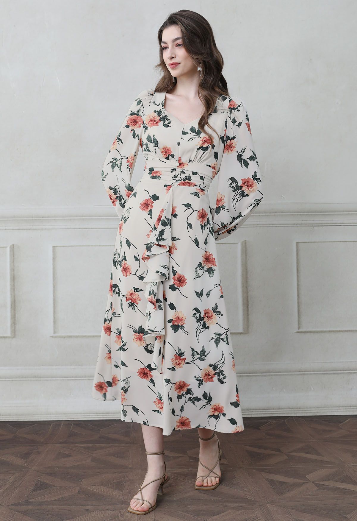 Marigold bloom ruffle front   Abstract Printed full sleeve maxi dress