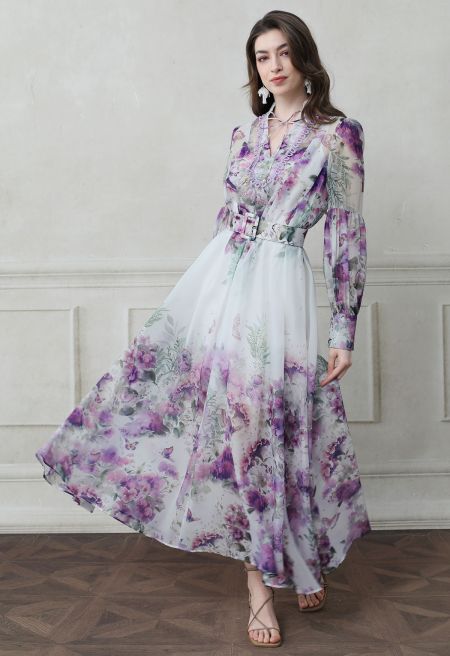 Ivory Pink Rose Garden Floral Printed Belted Maxi Dress with High Neck & Ruffle Detailing