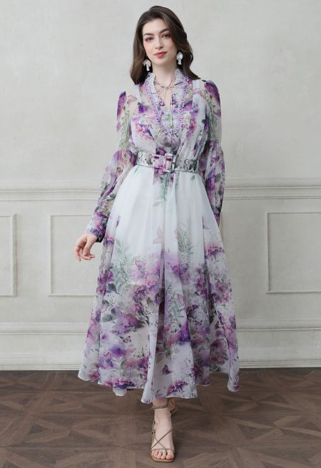 Ivory Pink Rose Garden Floral Printed Belted Maxi Dress with High Neck & Ruffle Detailing