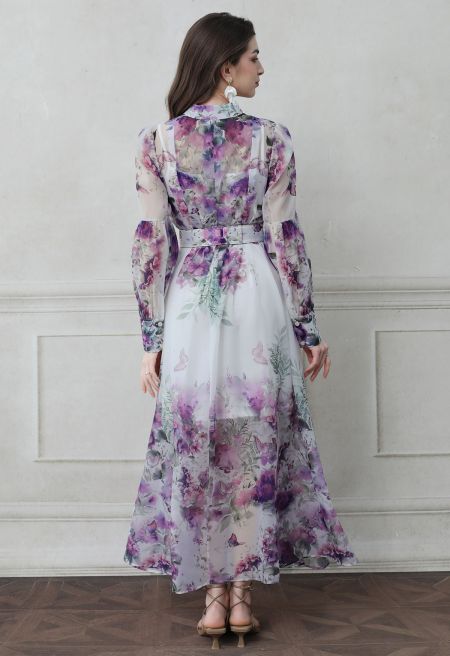 Ivory Pink Rose Garden Floral Printed Belted Maxi Dress with High Neck & Ruffle Detailing