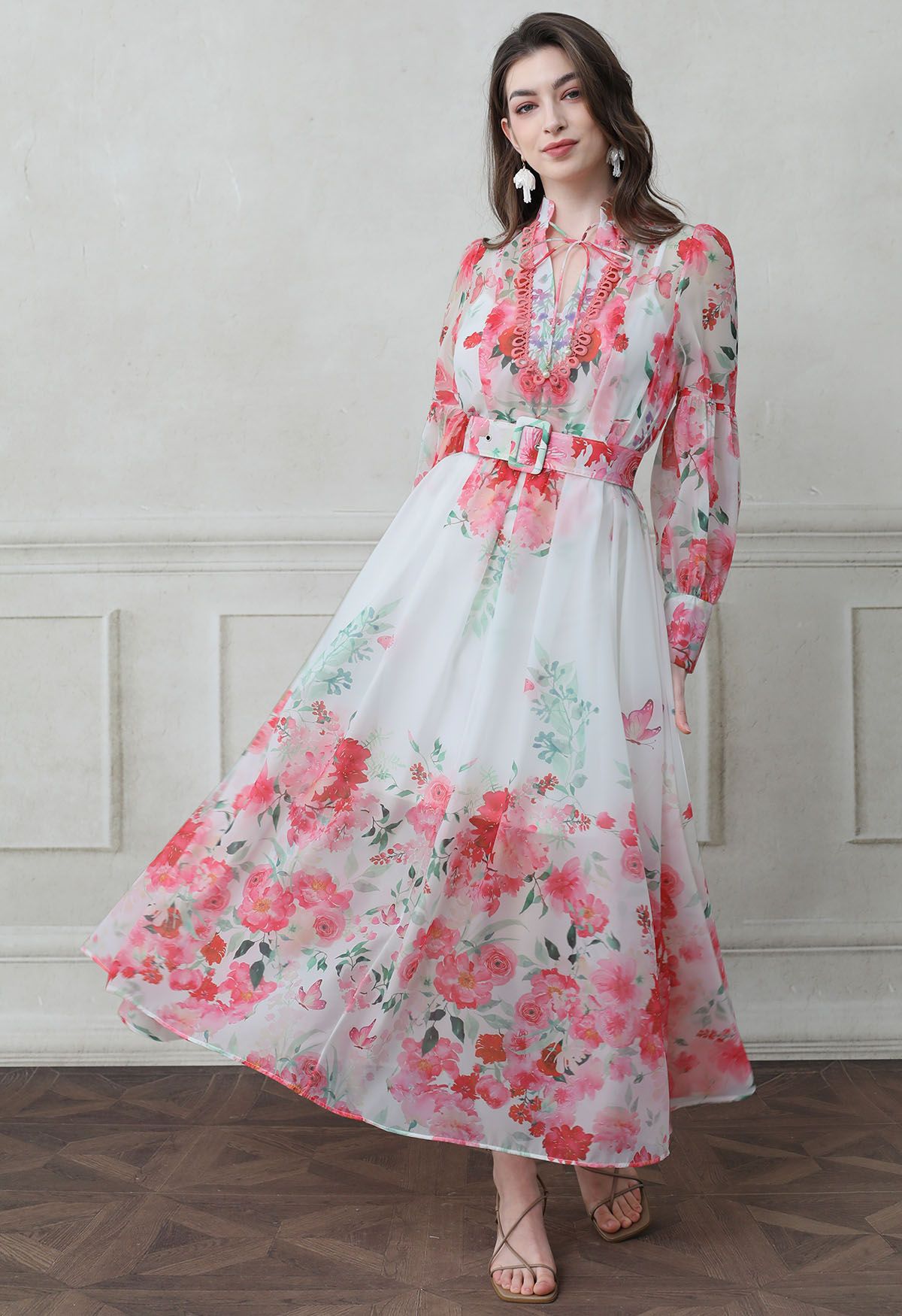 Ivory Pink Rose Garden Floral Printed Belted Maxi Dress with High Neck & Ruffle Detailing