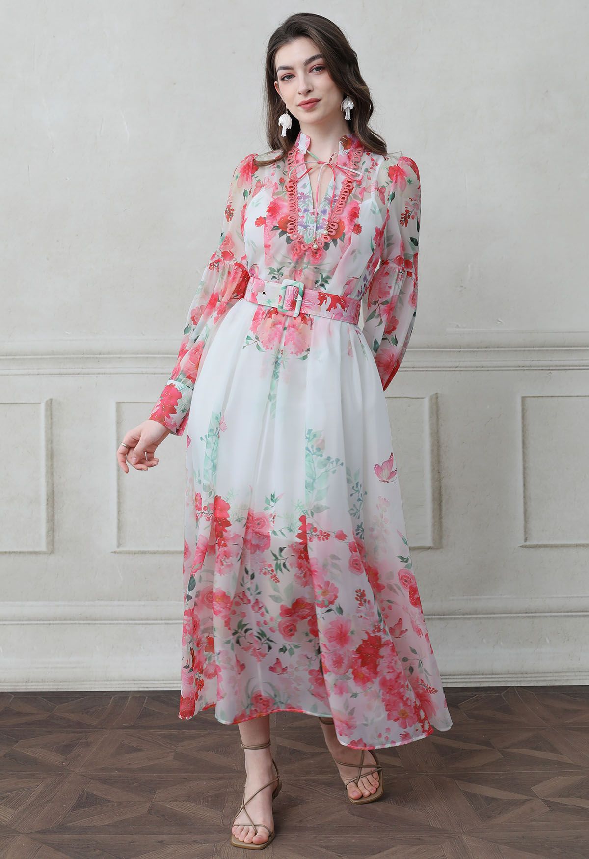 Ivory Pink Rose Garden Floral Printed Belted Maxi Dress with High Neck & Ruffle Detailing