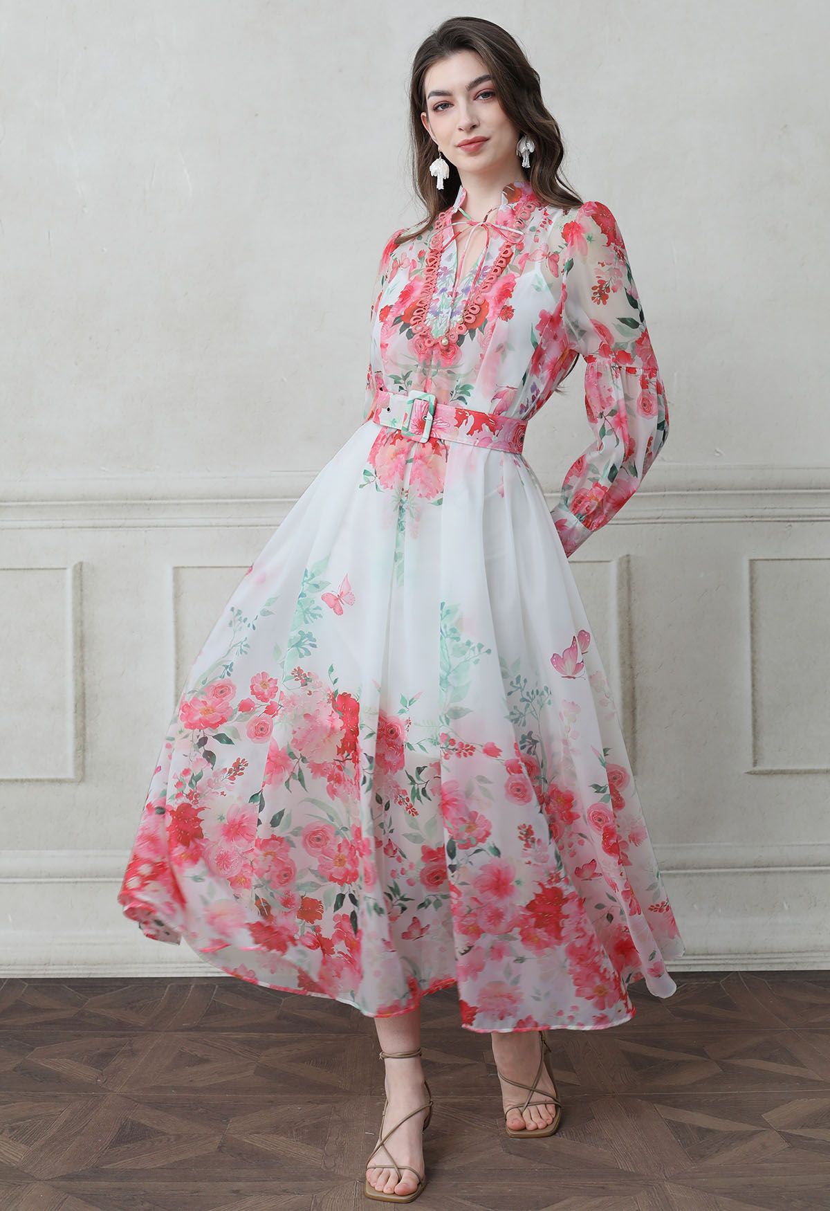 Ivory Pink Rose Garden Floral Printed Belted Maxi Dress with High Neck & Ruffle Detailing